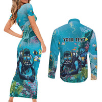 Personalized Scuba Diving Couples Matching Short Sleeve Bodycon Dress and Long Sleeve Button Shirt Explore The Depths Discover Yourself - Wonder Print Shop