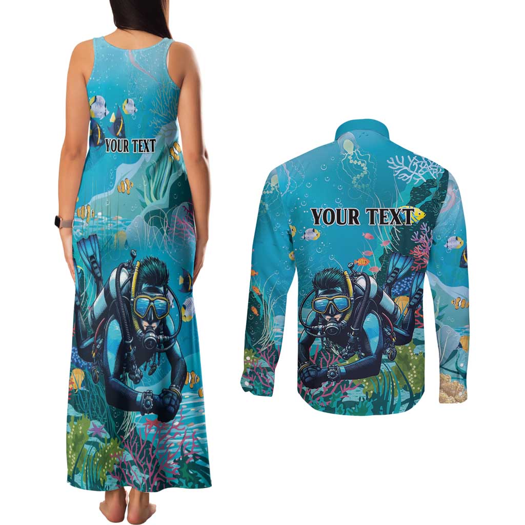 Personalized Scuba Diving Couples Matching Tank Maxi Dress and Long Sleeve Button Shirt Explore The Depths Discover Yourself - undefined