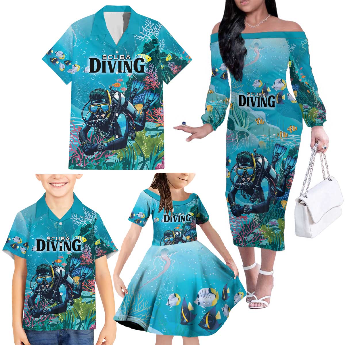 Personalized Scuba Diving Family Matching Off The Shoulder Long Sleeve Dress and Hawaiian Shirt Explore The Depths Discover Yourself - undefined