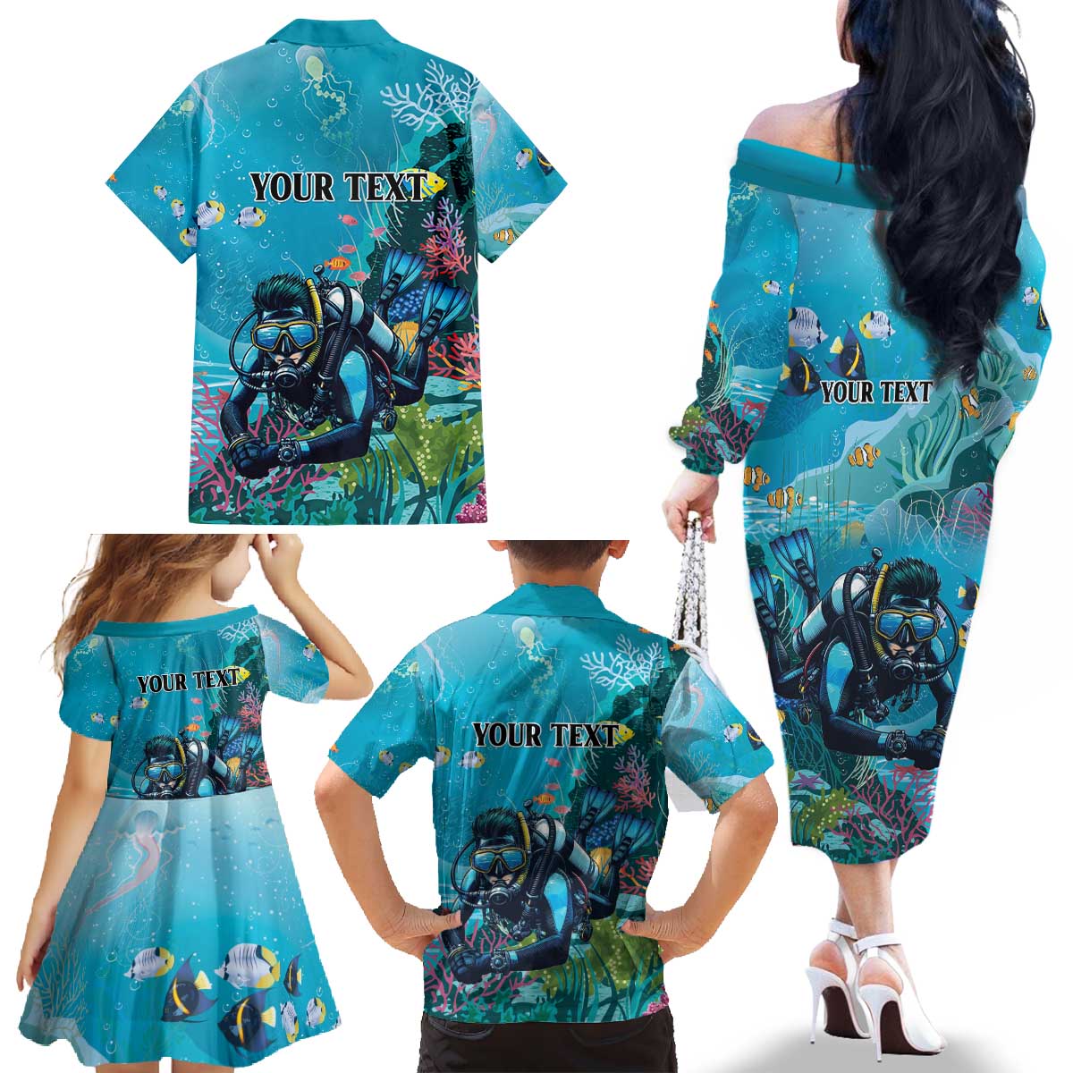Personalized Scuba Diving Family Matching Off The Shoulder Long Sleeve Dress and Hawaiian Shirt Explore The Depths Discover Yourself - undefined
