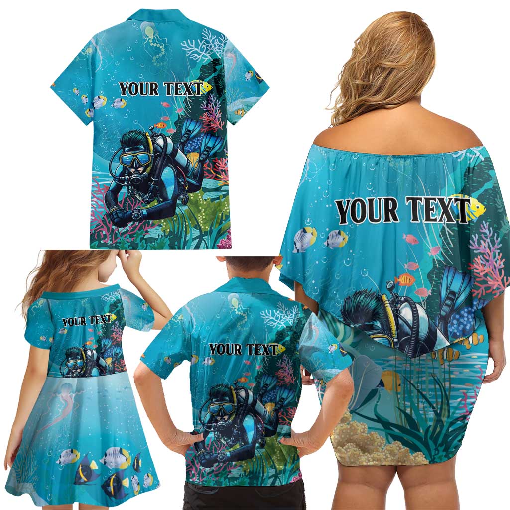 Personalized Scuba Diving Family Matching Off Shoulder Short Dress and Hawaiian Shirt Explore The Depths Discover Yourself - undefined