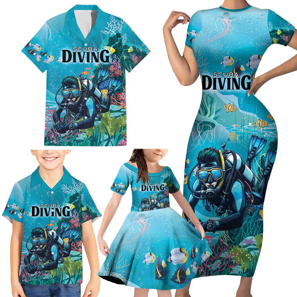 Personalized Scuba Diving Family Matching Short Sleeve Bodycon Dress and Hawaiian Shirt Explore The Depths Discover Yourself - Wonder Print Shop