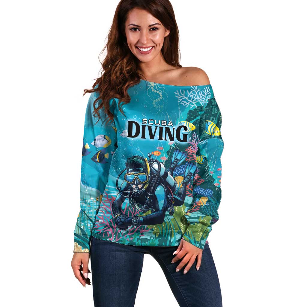 Personalized Scuba Diving Off Shoulder Sweater Explore The Depths Discover Yourself - Wonder Print Shop