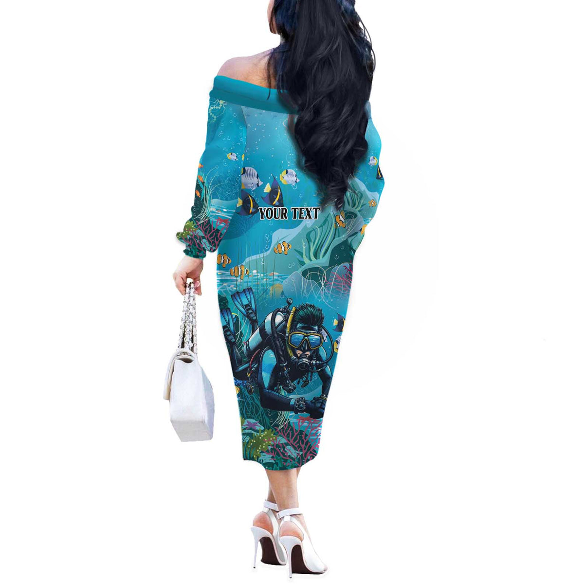 Personalized Scuba Diving Off The Shoulder Long Sleeve Dress Explore The Depths Discover Yourself - Wonder Print Shop