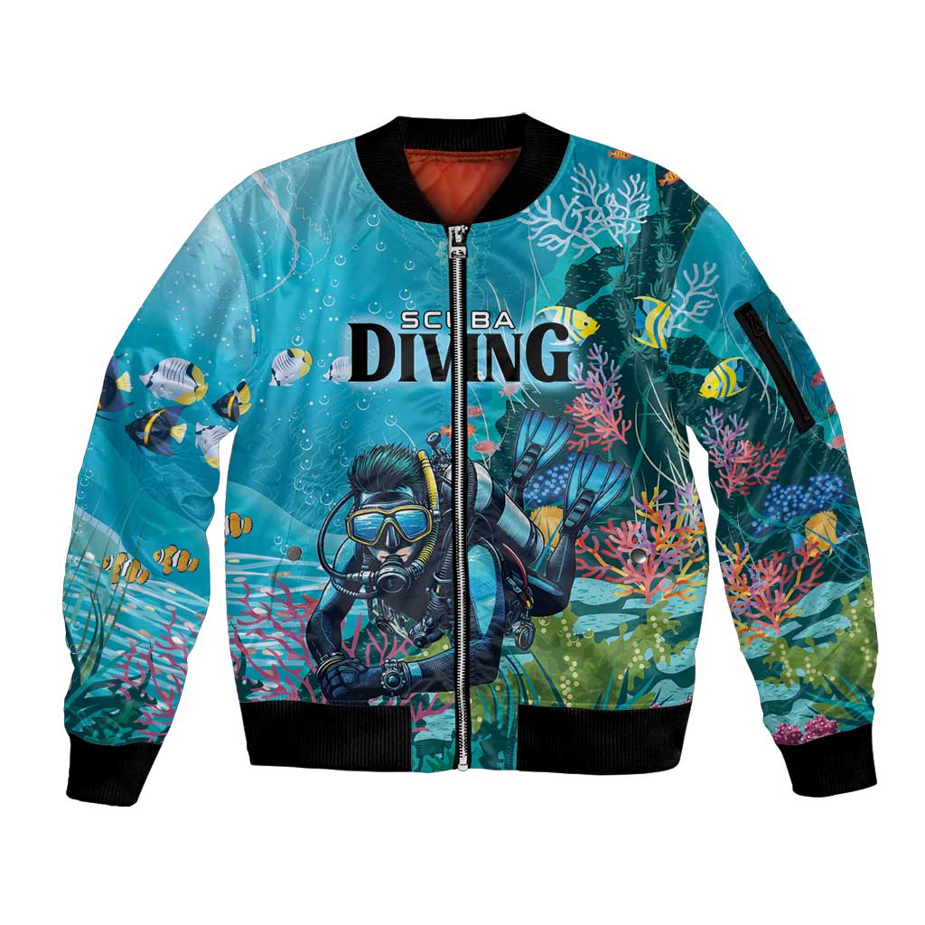 Personalized Scuba Diving Sleeve Zip Bomber Jacket Explore The Depths Discover Yourself - Wonder Print Shop