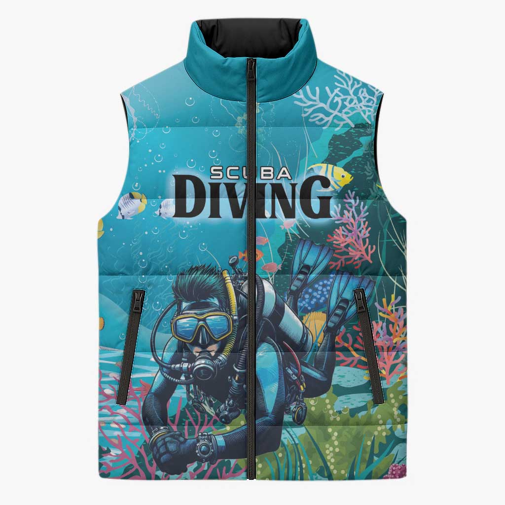Personalized Scuba Diving Sleeveless Puffer Jacket Explore The Depths Discover Yourself - Wonder Print Shop