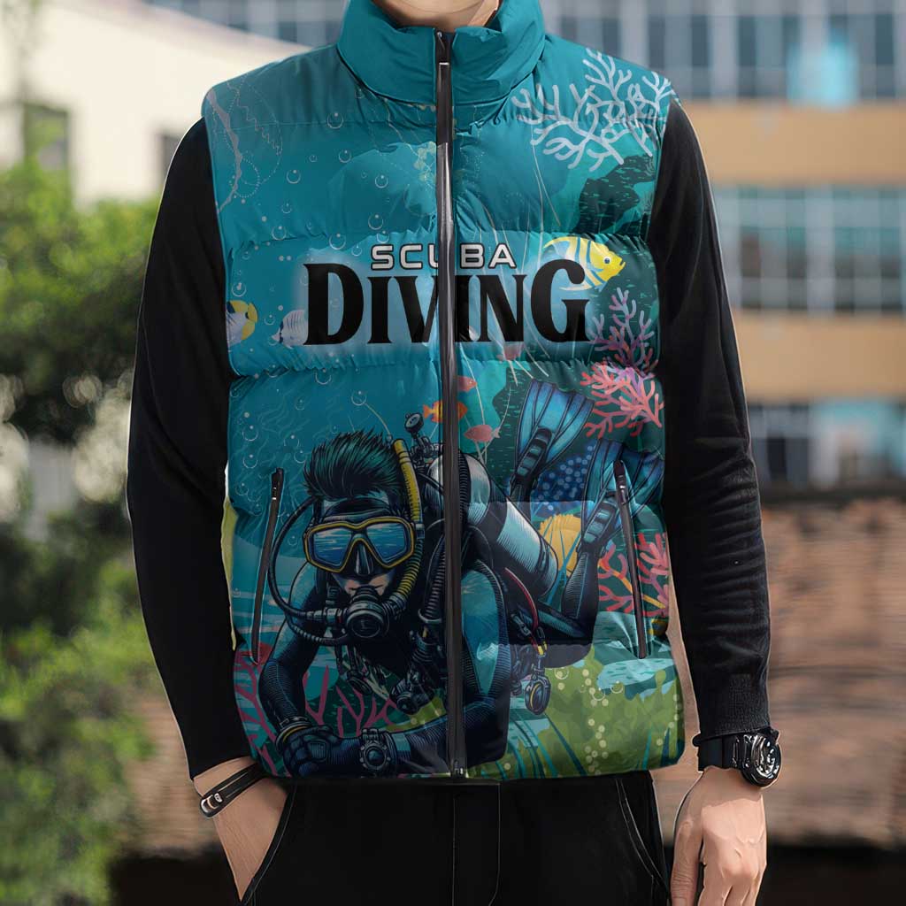 Personalized Scuba Diving Sleeveless Puffer Jacket Explore The Depths Discover Yourself - Wonder Print Shop