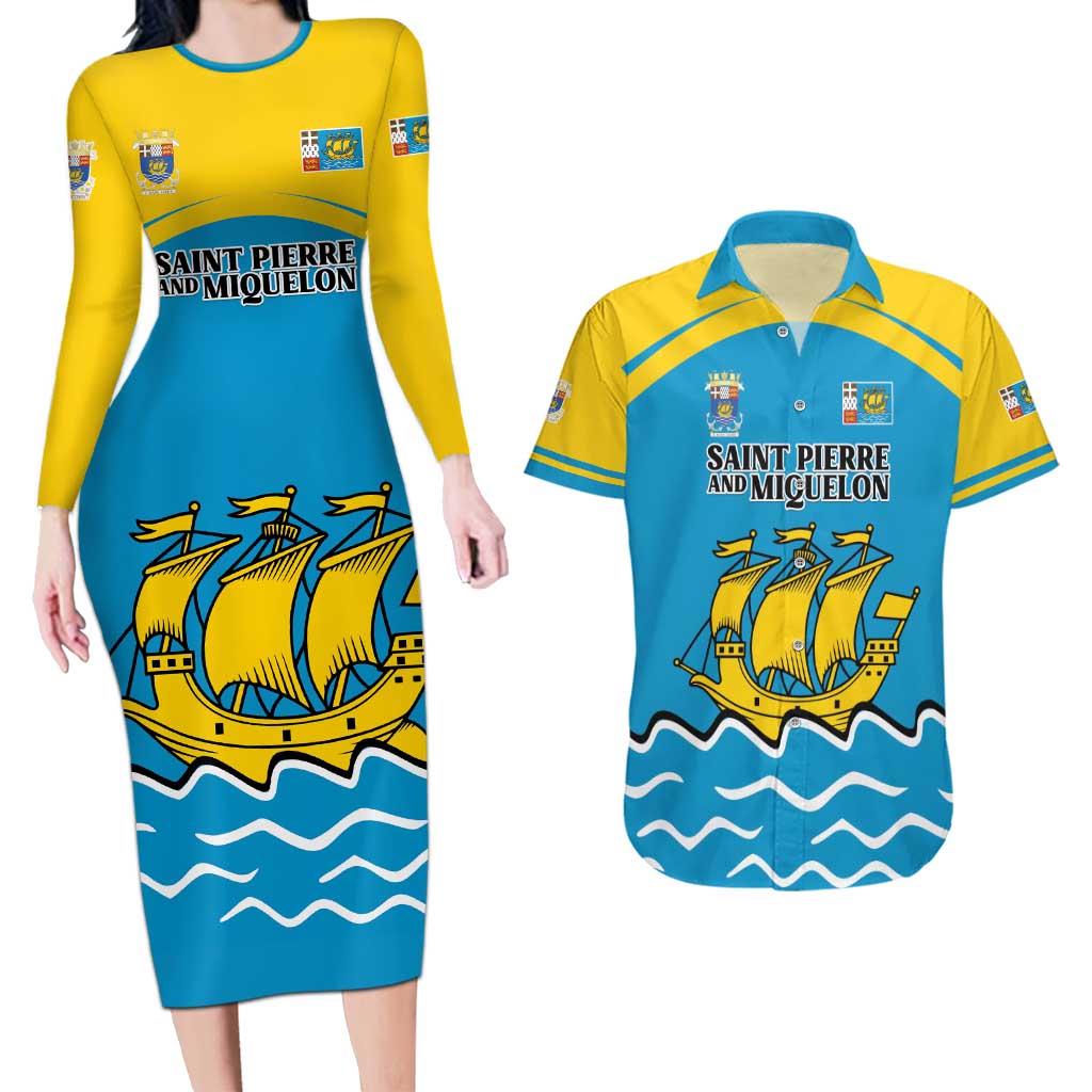 Personalized Saint Pierre and Miquelon Couples Matching Long Sleeve Bodycon Dress and Hawaiian Shirt A Mare Labor - Wonder Print Shop