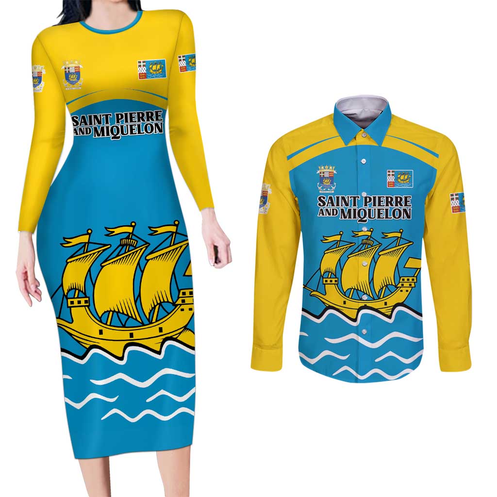 Personalized Saint Pierre and Miquelon Couples Matching Long Sleeve Bodycon Dress and Long Sleeve Button Shirt A Mare Labor - Wonder Print Shop