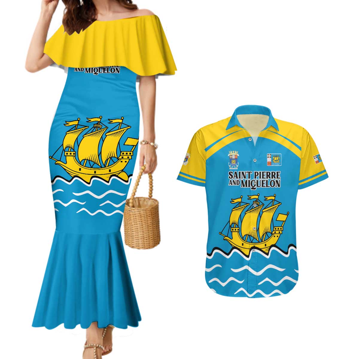 Personalized Saint Pierre and Miquelon Couples Matching Mermaid Dress and Hawaiian Shirt A Mare Labor - Wonder Print Shop