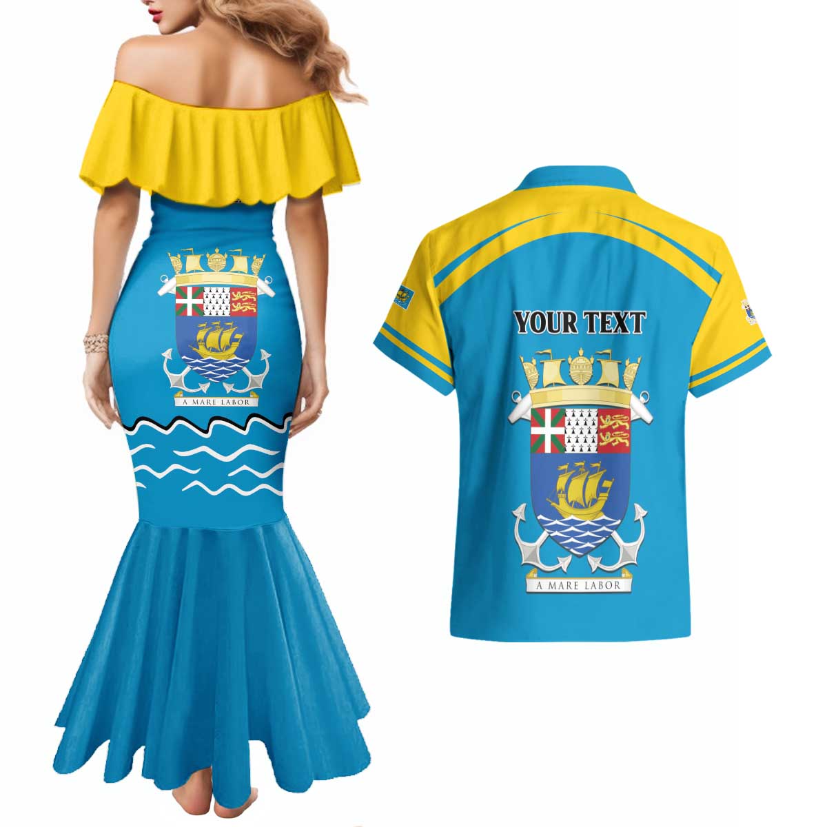 Personalized Saint Pierre and Miquelon Couples Matching Mermaid Dress and Hawaiian Shirt A Mare Labor - Wonder Print Shop