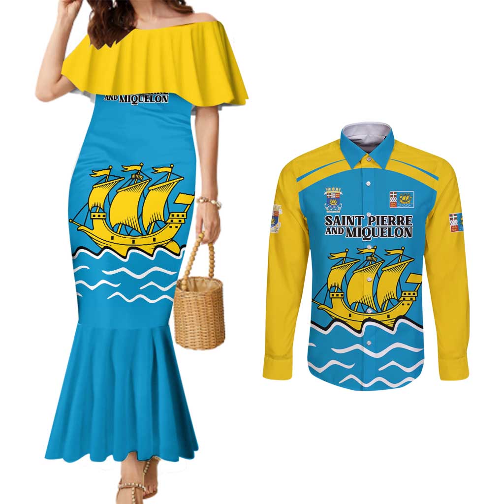 Personalized Saint Pierre and Miquelon Couples Matching Mermaid Dress and Long Sleeve Button Shirt A Mare Labor - Wonder Print Shop