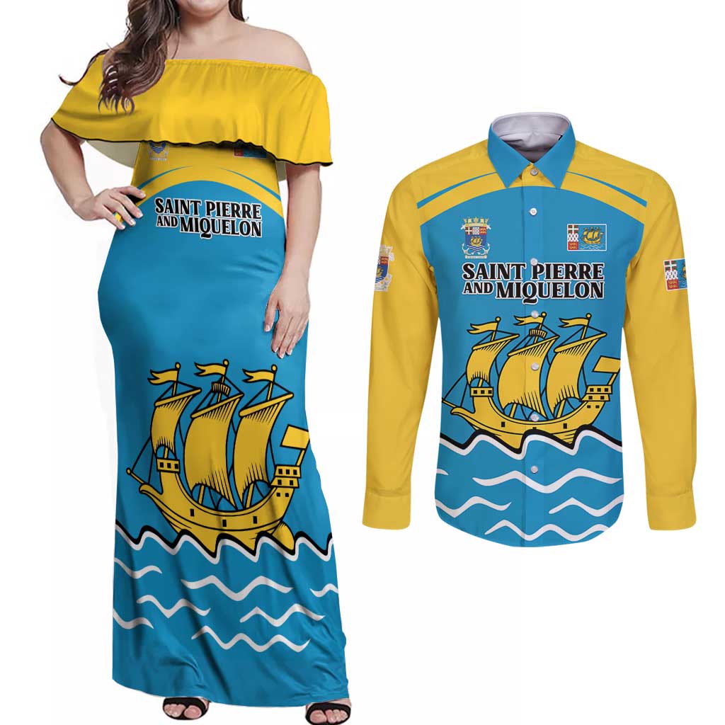 Personalized Saint Pierre and Miquelon Couples Matching Off Shoulder Maxi Dress and Long Sleeve Button Shirt A Mare Labor - Wonder Print Shop