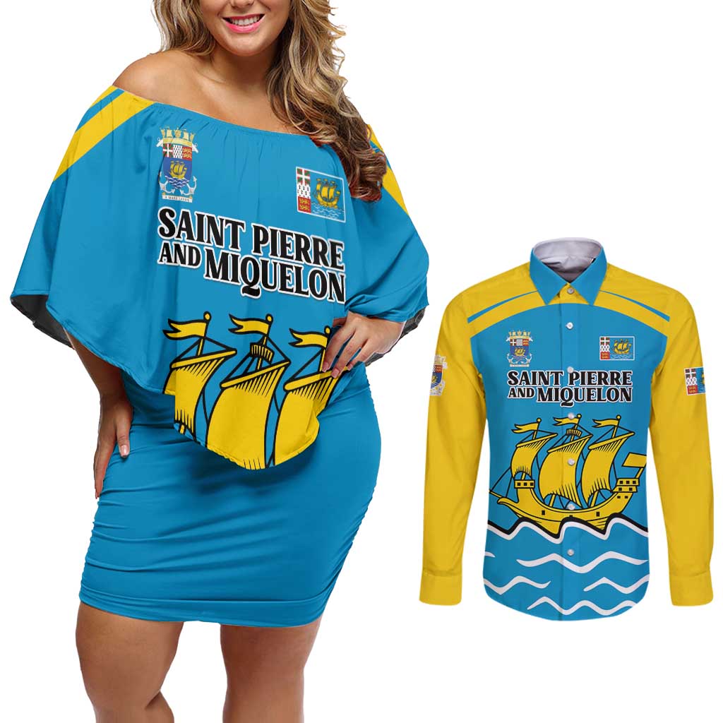 Personalized Saint Pierre and Miquelon Couples Matching Off Shoulder Short Dress and Long Sleeve Button Shirt A Mare Labor - Wonder Print Shop