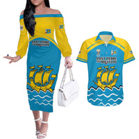 Personalized Saint Pierre and Miquelon Couples Matching Off The Shoulder Long Sleeve Dress and Hawaiian Shirt A Mare Labor - Wonder Print Shop