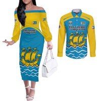 Personalized Saint Pierre and Miquelon Couples Matching Off The Shoulder Long Sleeve Dress and Long Sleeve Button Shirt A Mare Labor - Wonder Print Shop