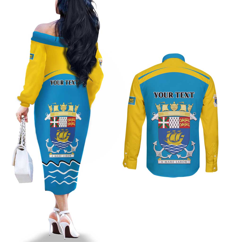 Personalized Saint Pierre and Miquelon Couples Matching Off The Shoulder Long Sleeve Dress and Long Sleeve Button Shirt A Mare Labor - Wonder Print Shop
