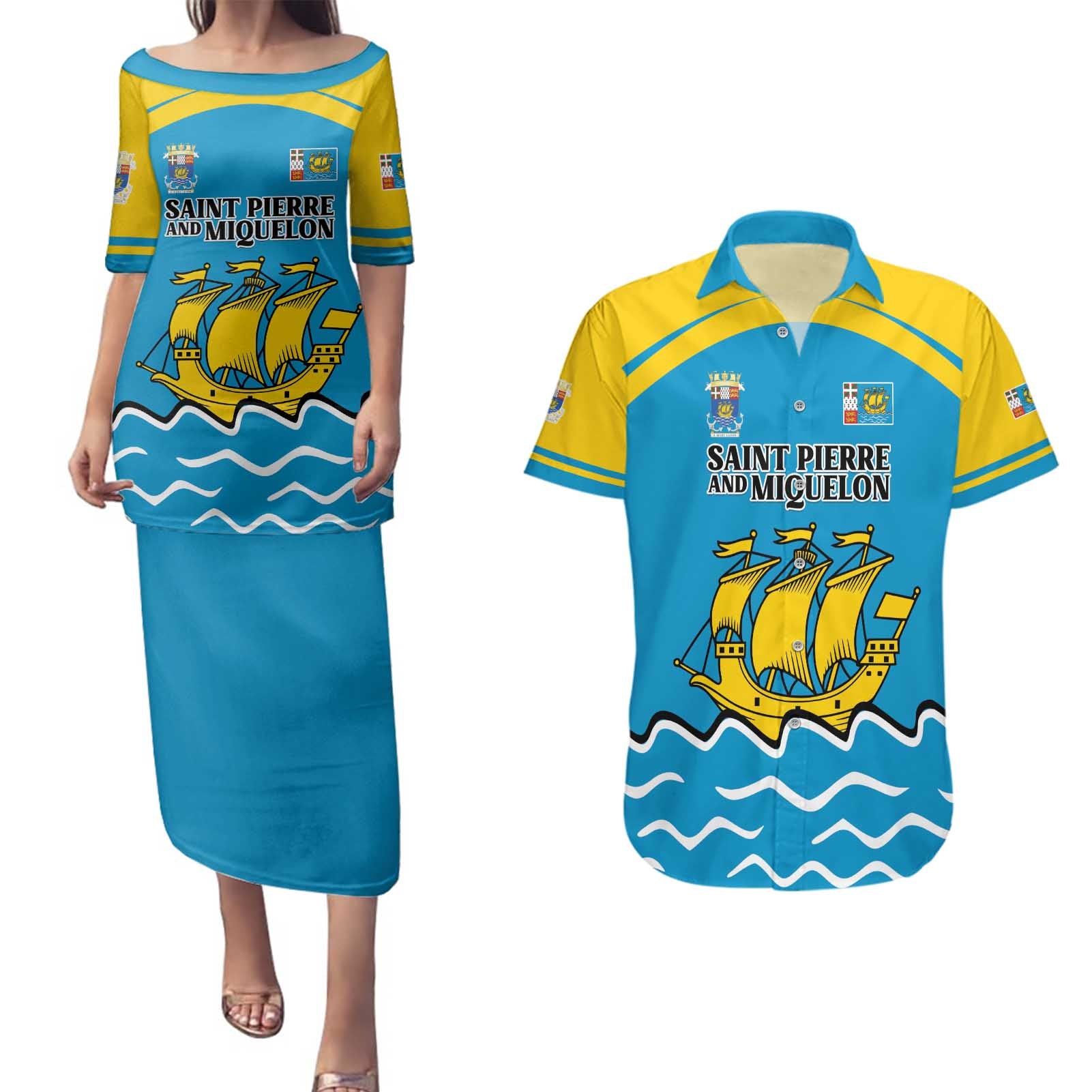 Personalized Saint Pierre and Miquelon Couples Matching Puletasi and Hawaiian Shirt A Mare Labor - Wonder Print Shop