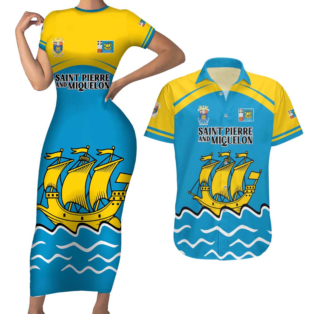 Personalized Saint Pierre and Miquelon Couples Matching Short Sleeve Bodycon Dress and Hawaiian Shirt A Mare Labor - Wonder Print Shop