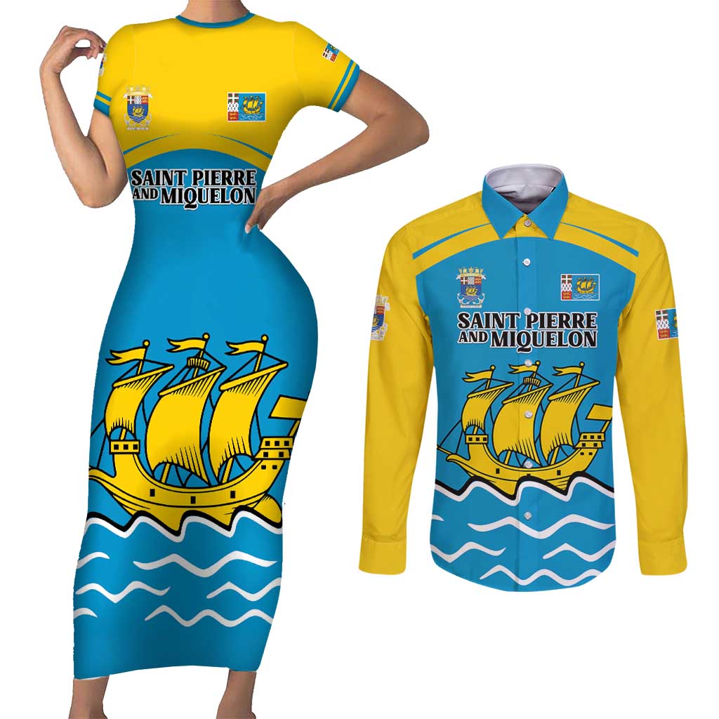 Personalized Saint Pierre and Miquelon Couples Matching Short Sleeve Bodycon Dress and Long Sleeve Button Shirt A Mare Labor - Wonder Print Shop
