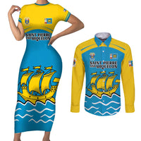 Personalized Saint Pierre and Miquelon Couples Matching Short Sleeve Bodycon Dress and Long Sleeve Button Shirt A Mare Labor - Wonder Print Shop