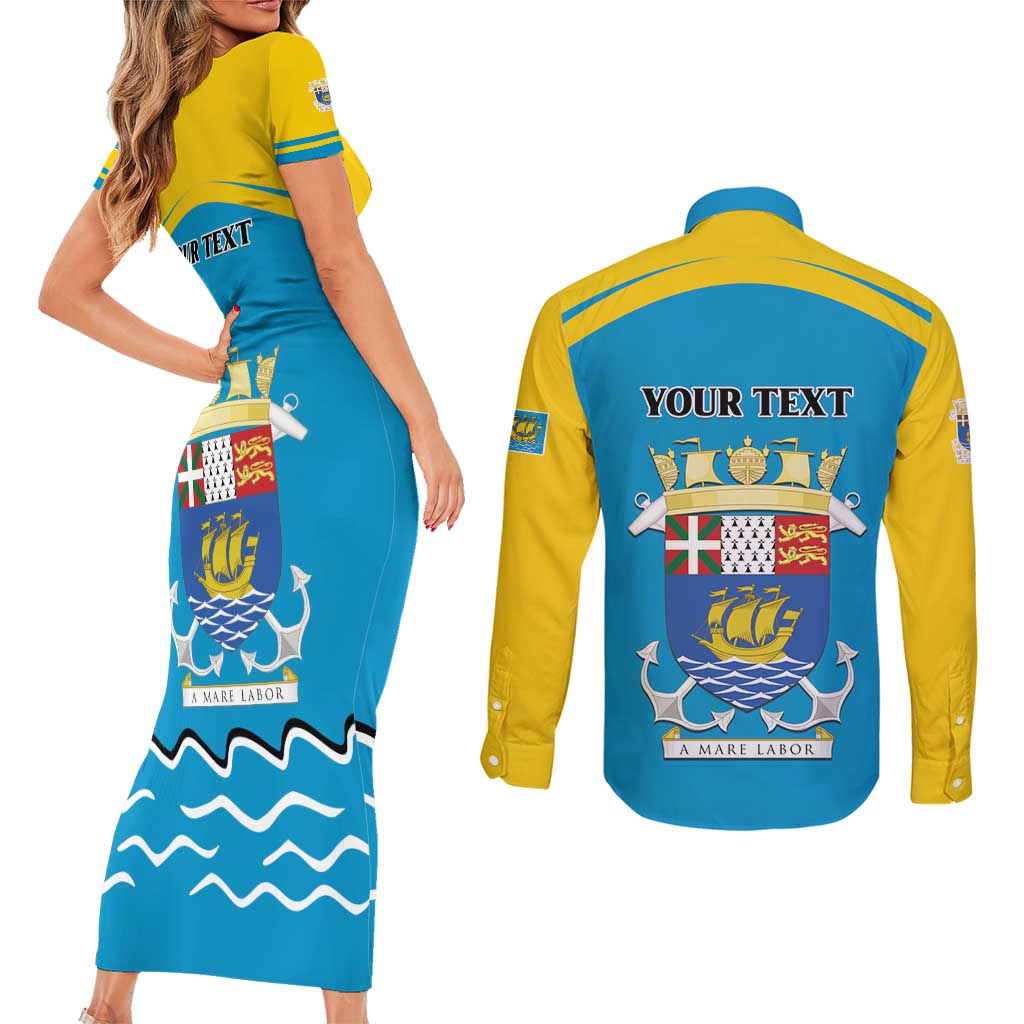 Personalized Saint Pierre and Miquelon Couples Matching Short Sleeve Bodycon Dress and Long Sleeve Button Shirt A Mare Labor - Wonder Print Shop