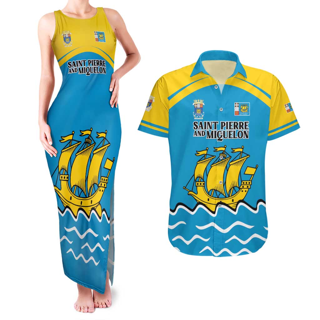 Personalized Saint Pierre and Miquelon Couples Matching Tank Maxi Dress and Hawaiian Shirt A Mare Labor - Wonder Print Shop