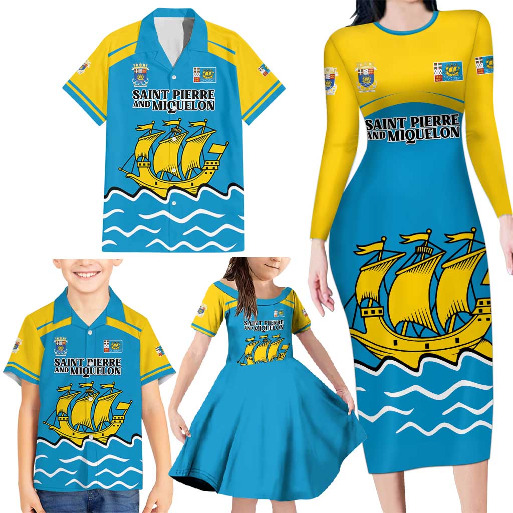 Personalized Saint Pierre and Miquelon Family Matching Long Sleeve Bodycon Dress and Hawaiian Shirt A Mare Labor - Wonder Print Shop