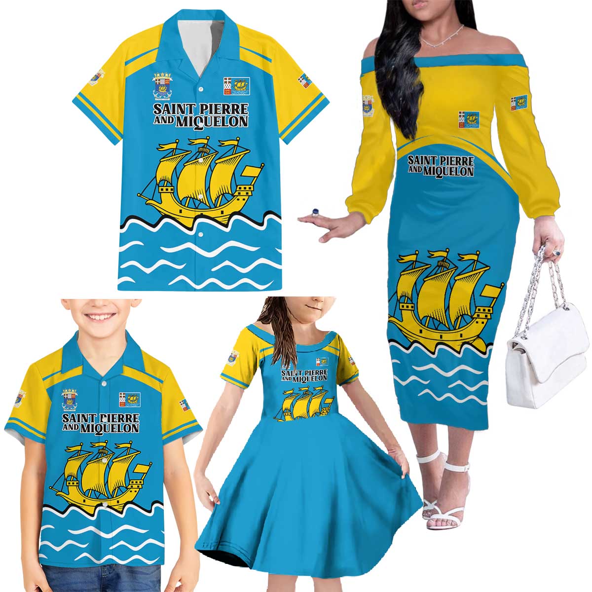 Personalized Saint Pierre and Miquelon Family Matching Off The Shoulder Long Sleeve Dress and Hawaiian Shirt A Mare Labor - Wonder Print Shop