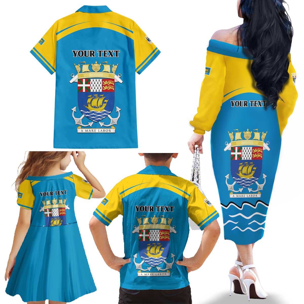 Personalized Saint Pierre and Miquelon Family Matching Off The Shoulder Long Sleeve Dress and Hawaiian Shirt A Mare Labor - Wonder Print Shop