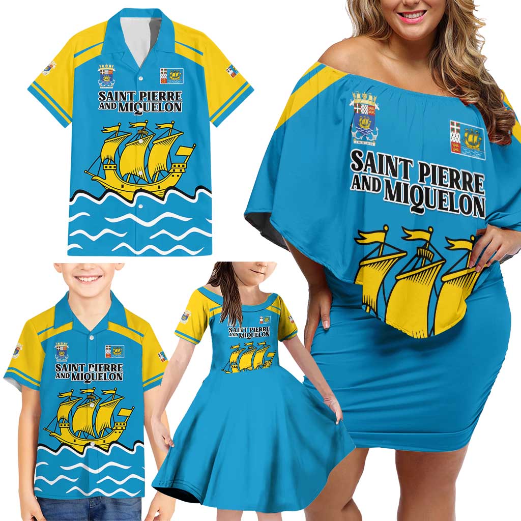Personalized Saint Pierre and Miquelon Family Matching Off Shoulder Short Dress and Hawaiian Shirt A Mare Labor - Wonder Print Shop
