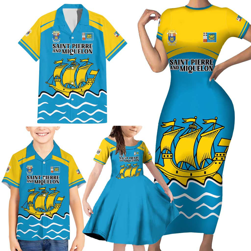 Personalized Saint Pierre and Miquelon Family Matching Short Sleeve Bodycon Dress and Hawaiian Shirt A Mare Labor - Wonder Print Shop