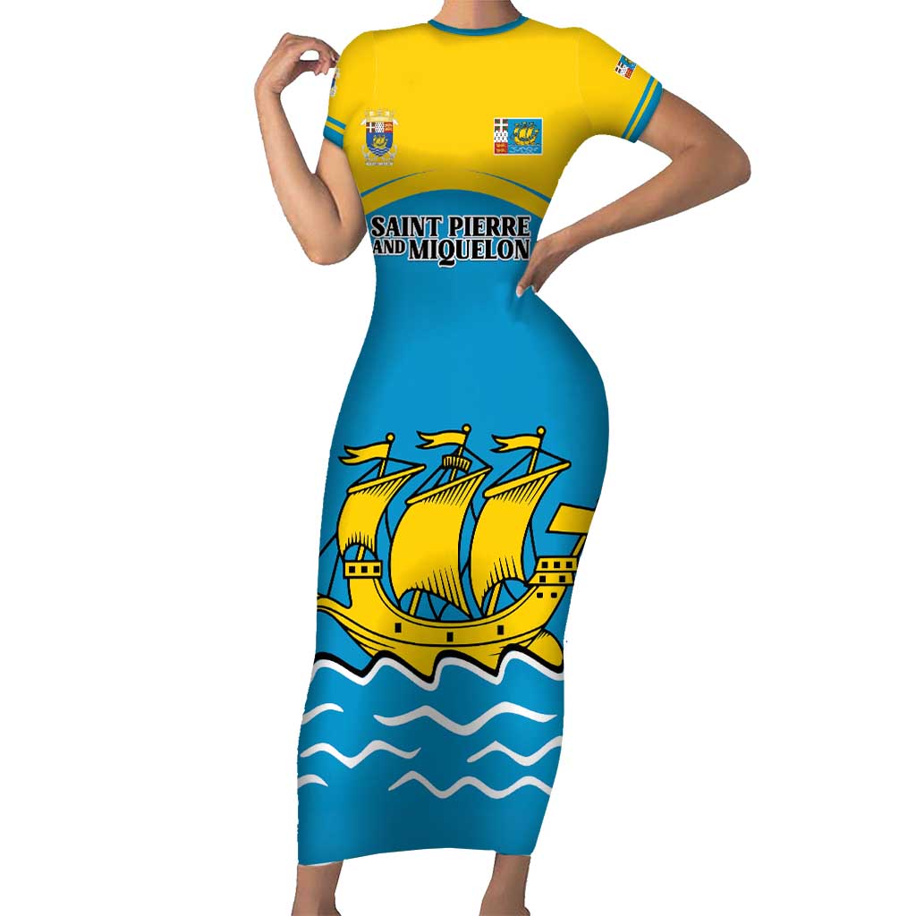 Personalized Saint Pierre and Miquelon Family Matching Short Sleeve Bodycon Dress and Hawaiian Shirt A Mare Labor - Wonder Print Shop
