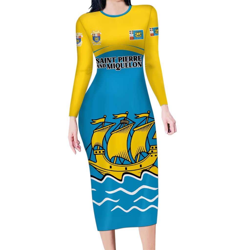 Personalized Saint Pierre and Miquelon Long Sleeve Bodycon Dress A Mare Labor - Wonder Print Shop