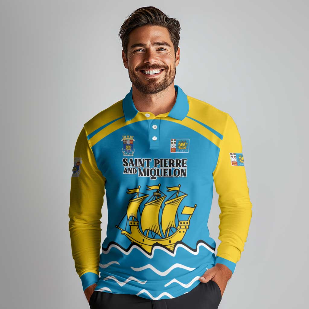 Personalized Saint Pierre and Miquelon Long Sleeve Polo Shirt A Mare Labor - Wonder Print Shop