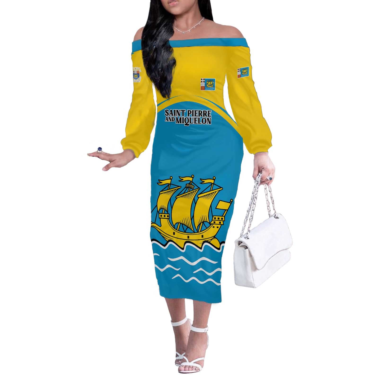 Personalized Saint Pierre and Miquelon Off The Shoulder Long Sleeve Dress A Mare Labor - Wonder Print Shop