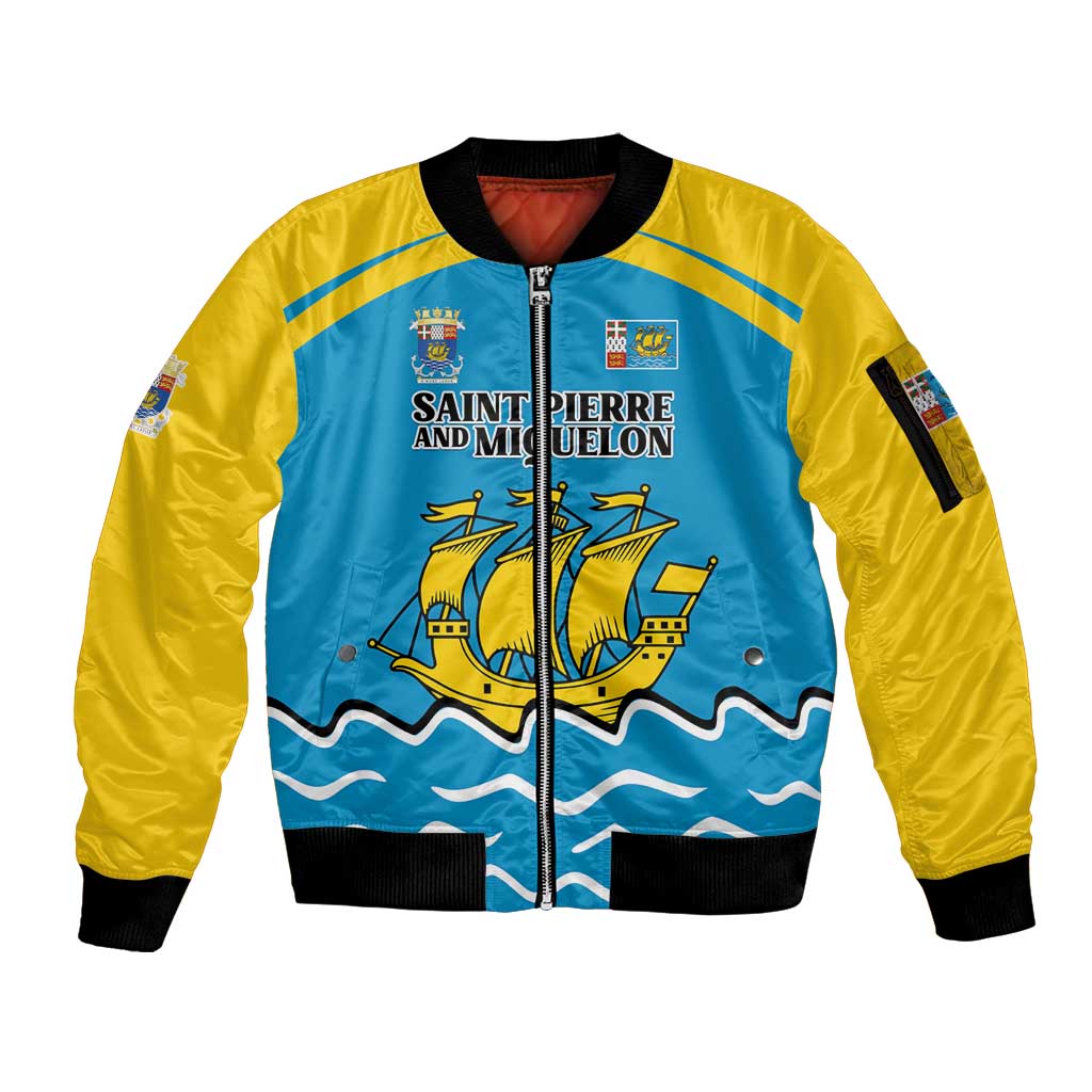Personalized Saint Pierre and Miquelon Sleeve Zip Bomber Jacket A Mare Labor - Wonder Print Shop