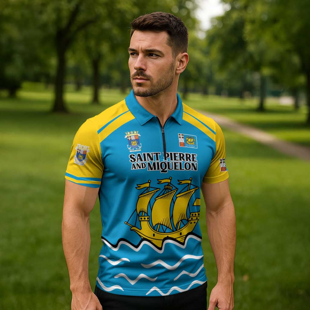 Personalized Saint Pierre and Miquelon Zipper Polo Shirt A Mare Labor - Wonder Print Shop