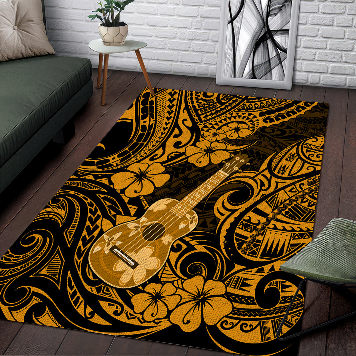 Hawaii Ukulele Area Rug Polynesian Pattern Gold Version - Wonder Print Shop