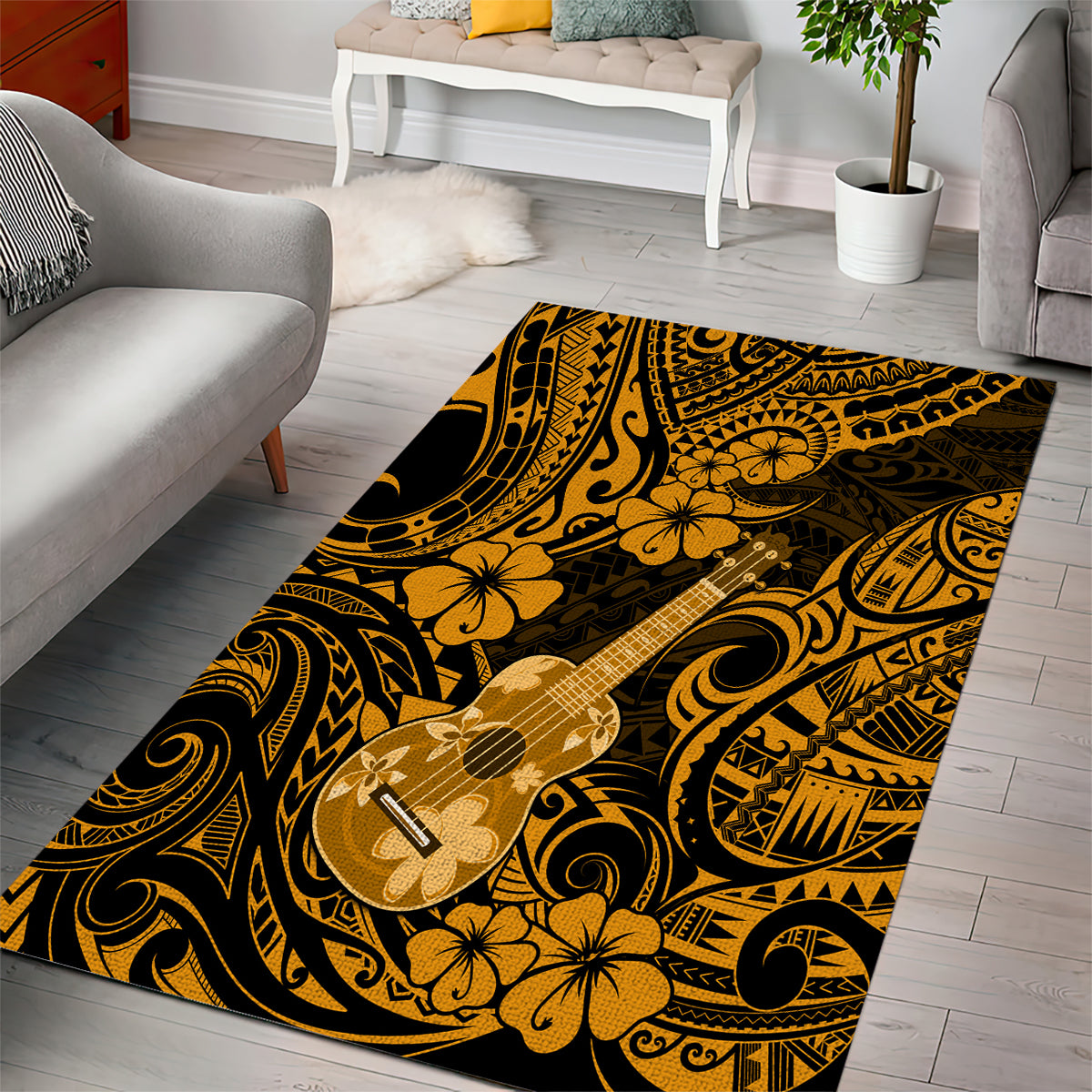 Hawaii Ukulele Area Rug Polynesian Pattern Gold Version - Wonder Print Shop