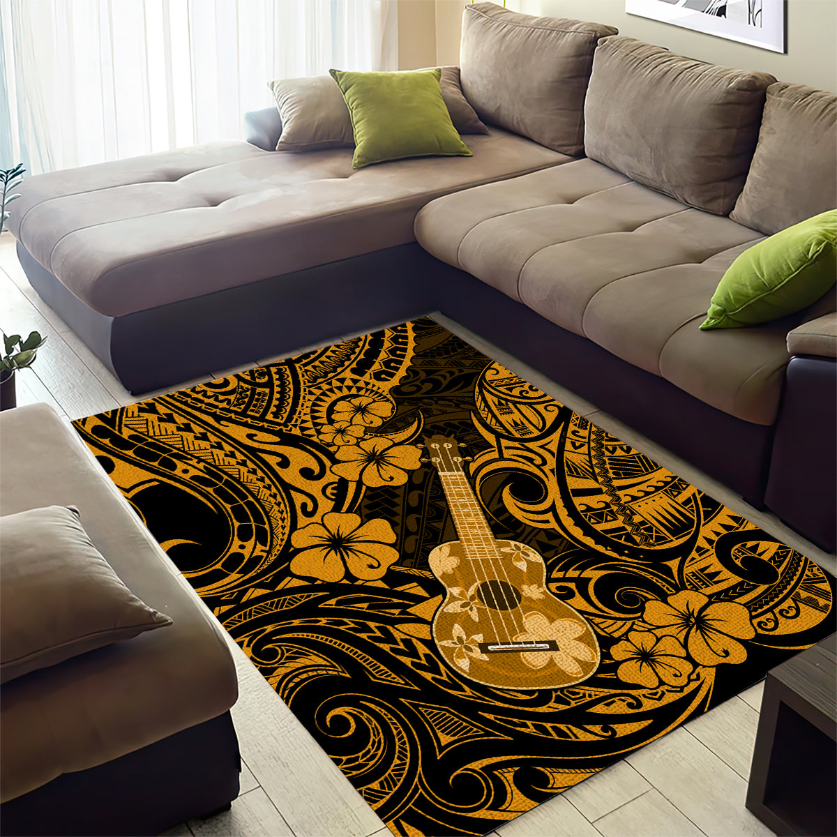 Hawaii Ukulele Area Rug Polynesian Pattern Gold Version - Wonder Print Shop