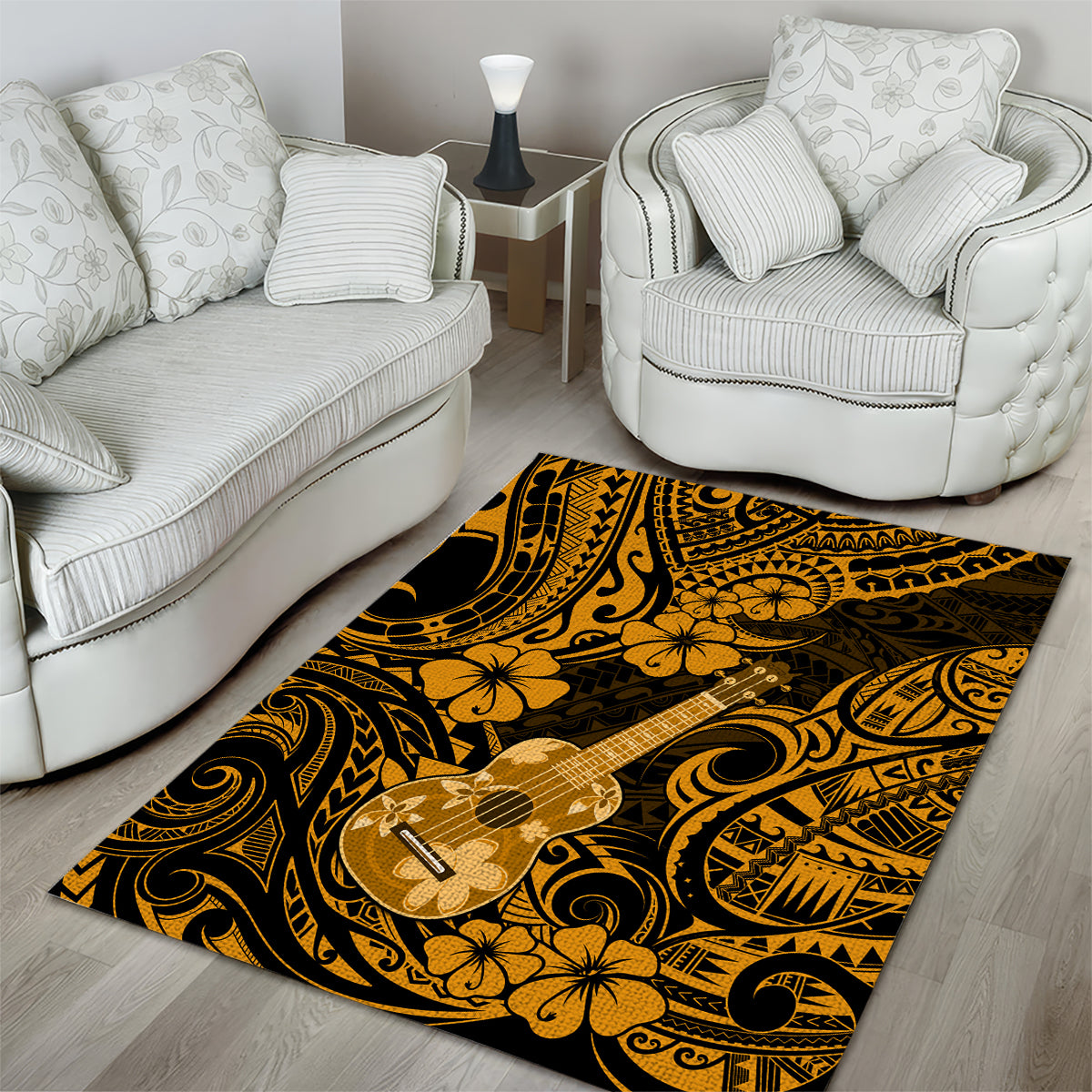 Hawaii Ukulele Area Rug Polynesian Pattern Gold Version - Wonder Print Shop