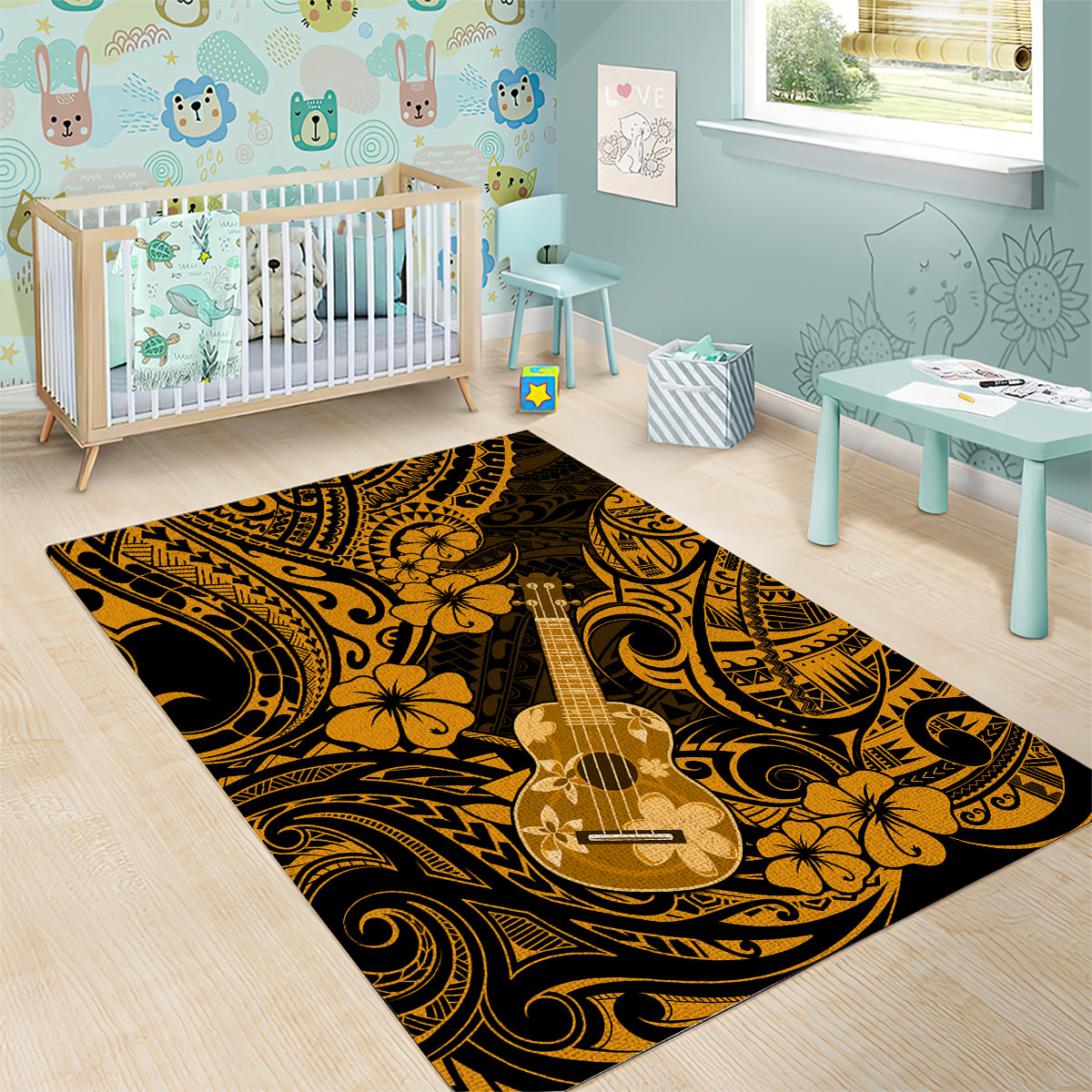 Hawaii Ukulele Area Rug Polynesian Pattern Gold Version - Wonder Print Shop