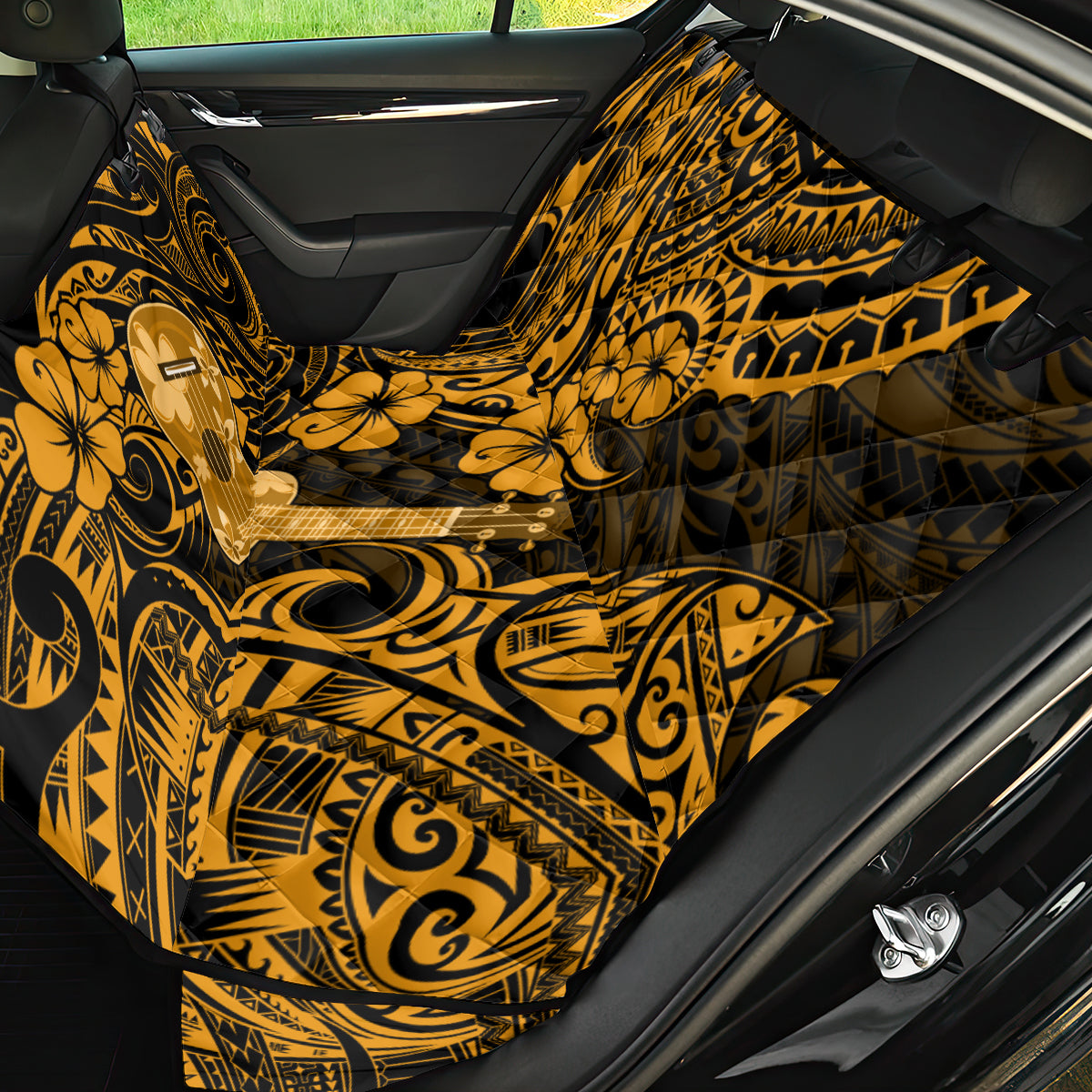 Hawaii Ukulele Back Car Seat Cover Polynesian Pattern Gold Version - Wonder Print Shop