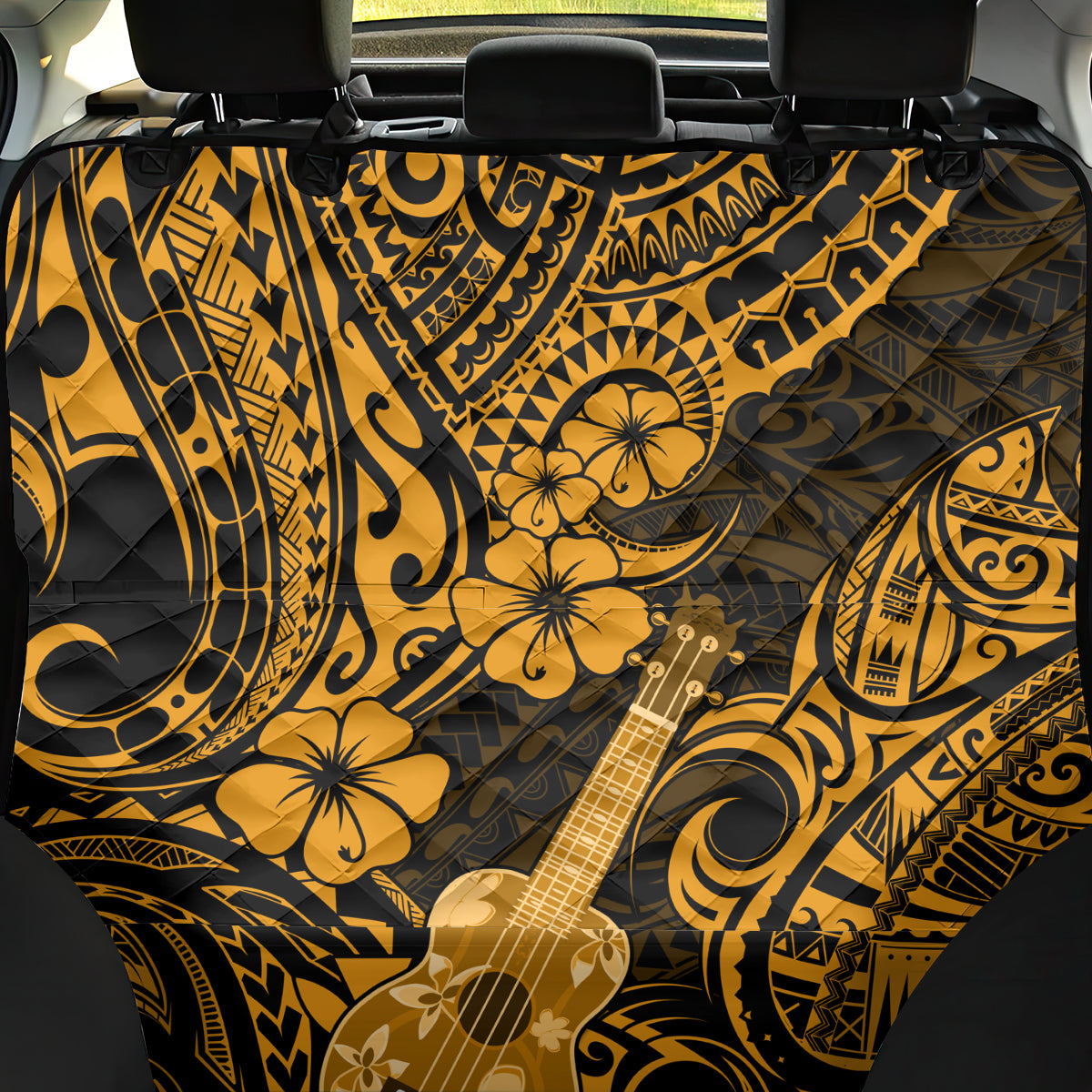 Hawaii Ukulele Back Car Seat Cover Polynesian Pattern Gold Version - Wonder Print Shop