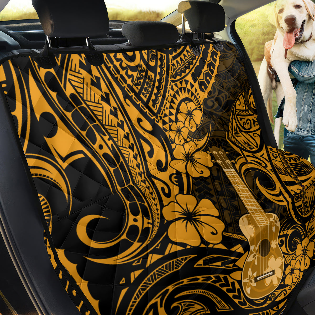 Hawaii Ukulele Back Car Seat Cover Polynesian Pattern Gold Version - Wonder Print Shop