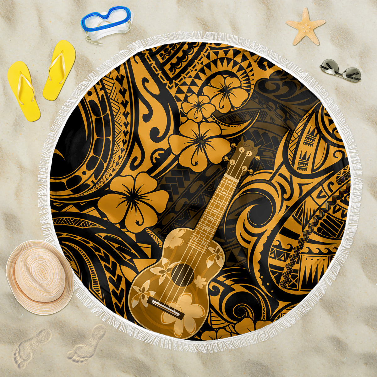 Hawaii Ukulele Beach Blanket Polynesian Pattern Gold Version - Wonder Print Shop