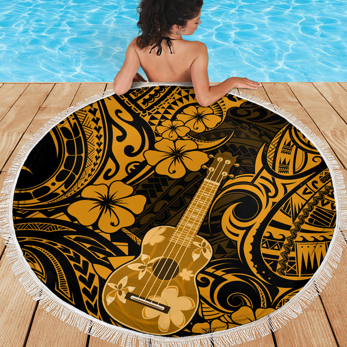 Hawaii Ukulele Beach Blanket Polynesian Pattern Gold Version - Wonder Print Shop
