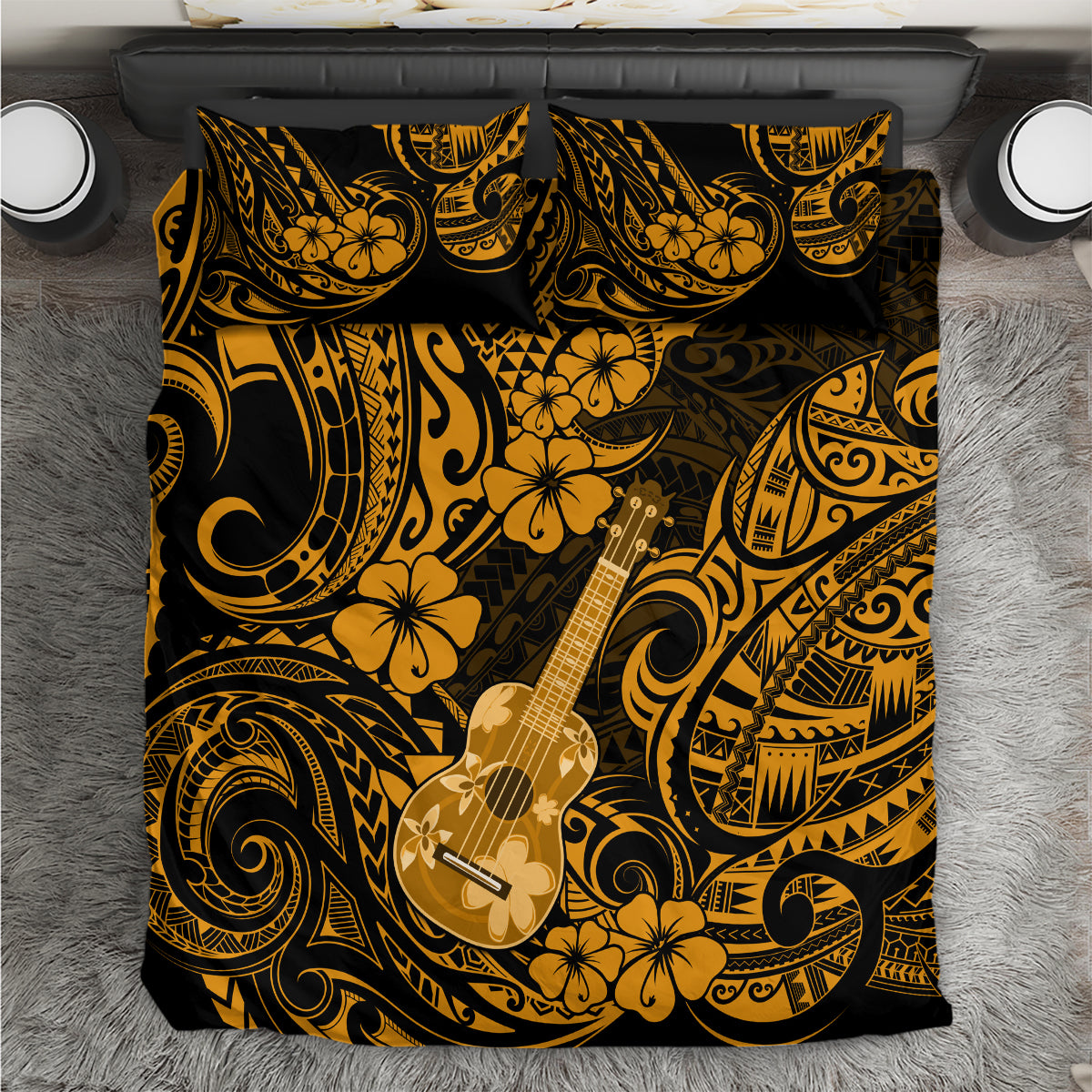 Hawaii Ukulele Bedding Set Polynesian Pattern Gold Version - Wonder Print Shop