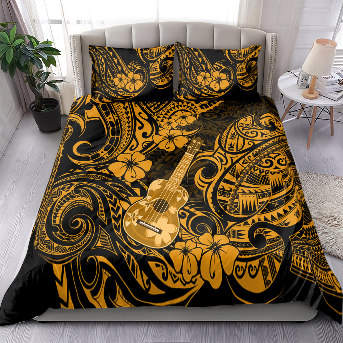 Hawaii Ukulele Bedding Set Polynesian Pattern Gold Version - Wonder Print Shop
